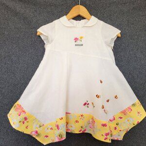 Catimini 2Y White Linen Bees Floral Embroidered Asymmetrical Peter Pan Dress
